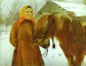 In A Village Peasant Woman With A Horse 1898